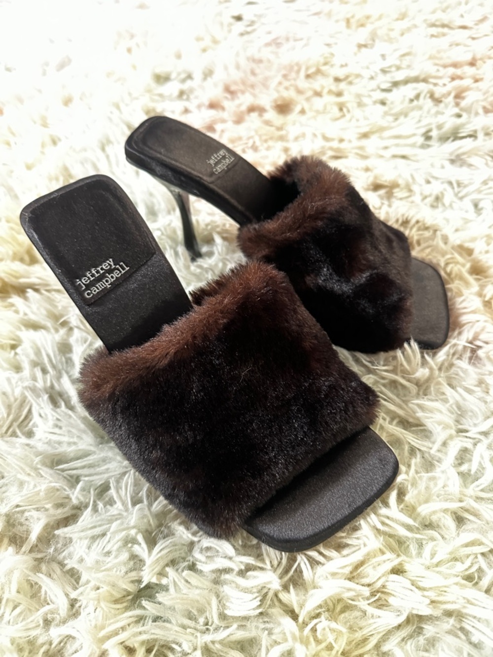 New Jeffrey Campbell Utopic Brown Faux Fur Heel Slide Sandal Size 7 - Picture 2 of 7